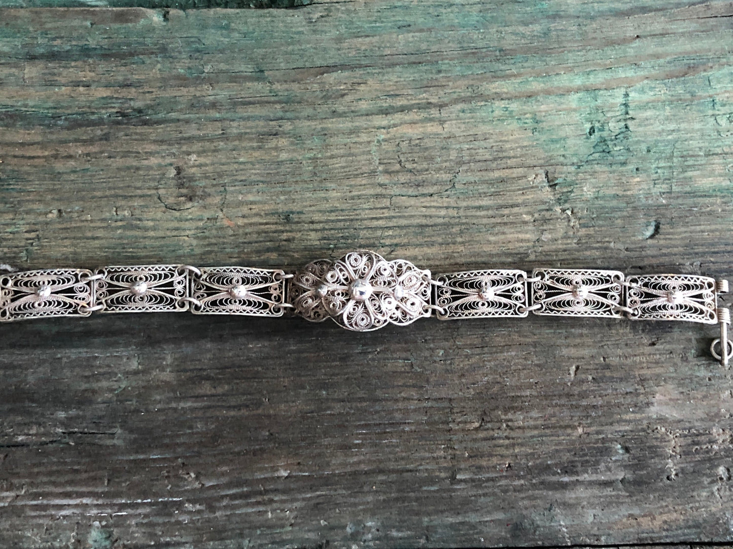 Vintage Sterling Silver Filigree Flower Pin Hinged Floral Filigree Panel Bracelet