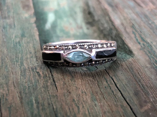 Vintage Aquamarine & Onyx Sterling Silver with Marcasite Multi Stone Band Ring