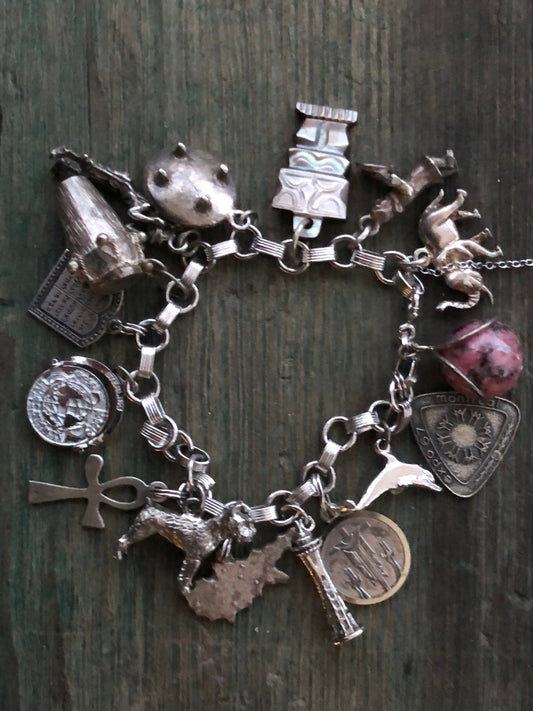 Vintage Sterling Silver Charm Bracelet with Dolphin, Scottie Dog, Rhodochrosite, Ankh, Religious Medallion, Drum, Elephant & More