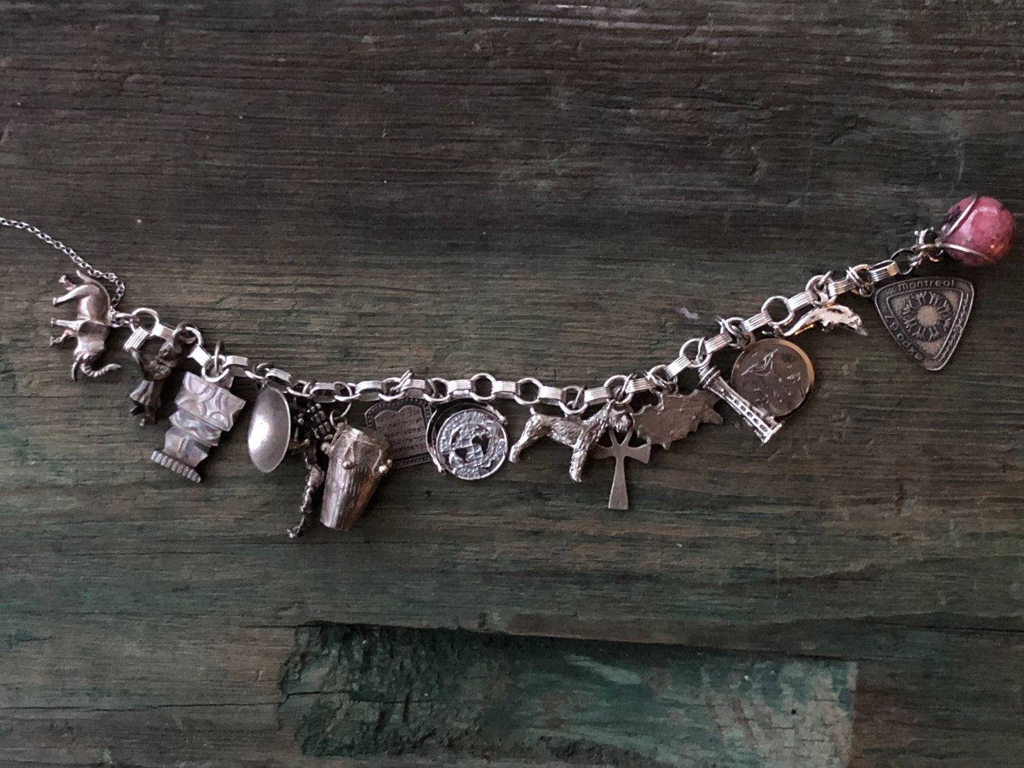 Vintage Sterling Silver Charm Bracelet with Dolphin, Scottie Dog, Rhodochrosite, Ankh, Religious Medallion, Drum, Elephant & More