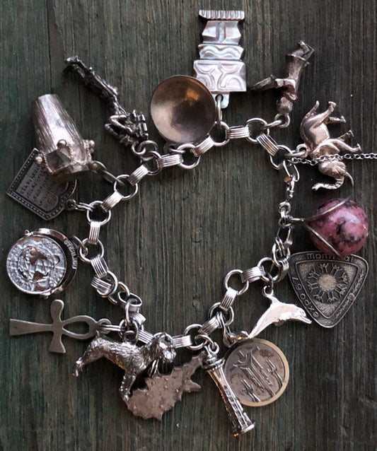 Vintage Sterling Silver Charm Bracelet with Dolphin, Scottie Dog, Rhodochrosite, Ankh, Religious Medallion, Drum, Elephant & More