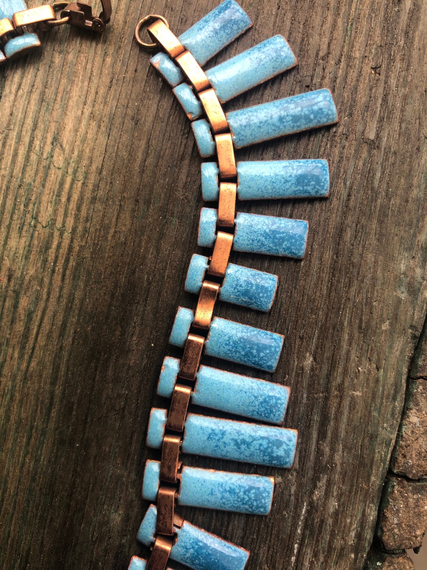Vintage Matisse Copper & Blue Enamel Geometric Rectangle Bib Necklace
