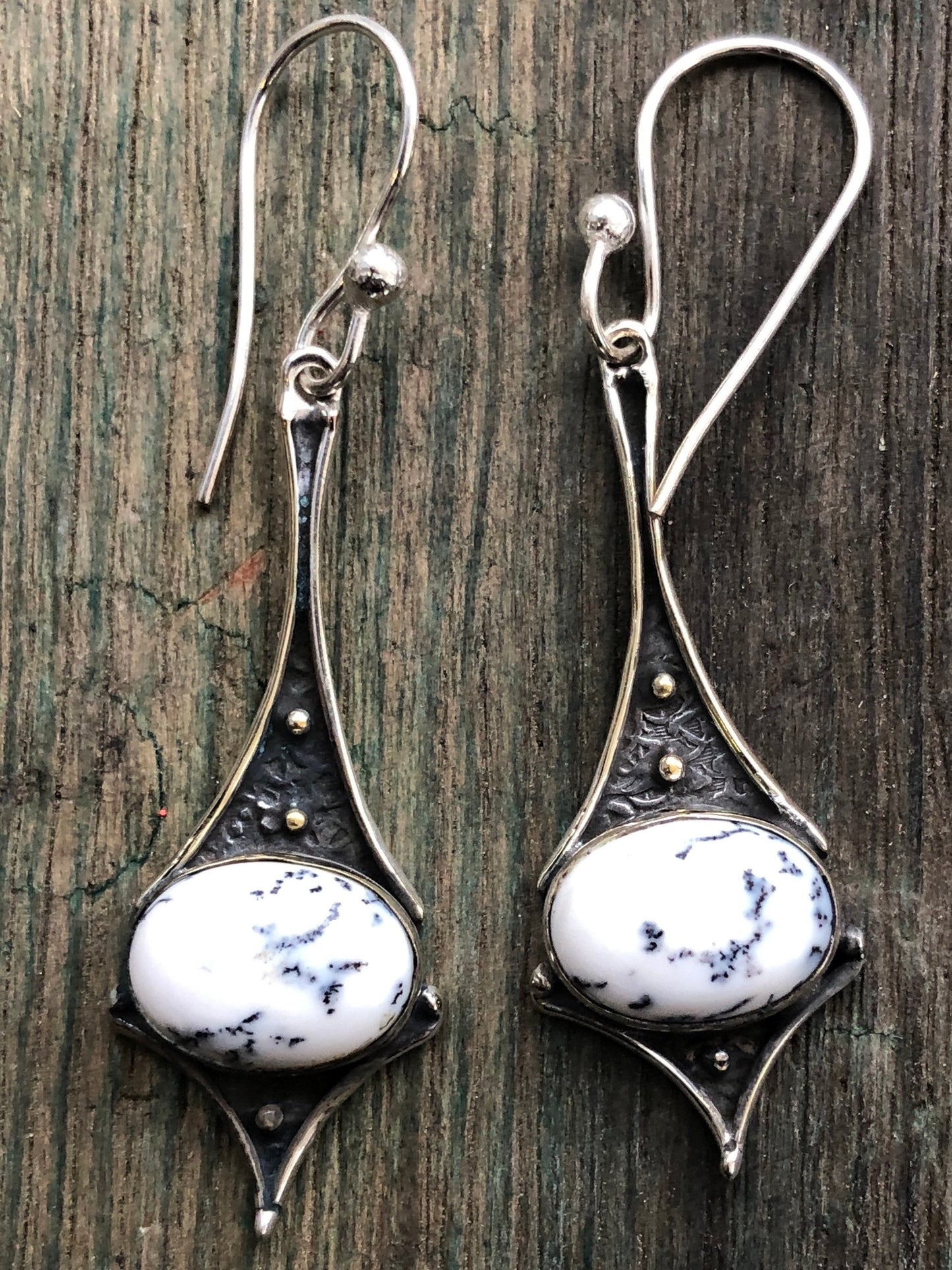 Winter Dendrite Opal Cabochon in Sterling Silver Geometric Dangle Hook Earrings