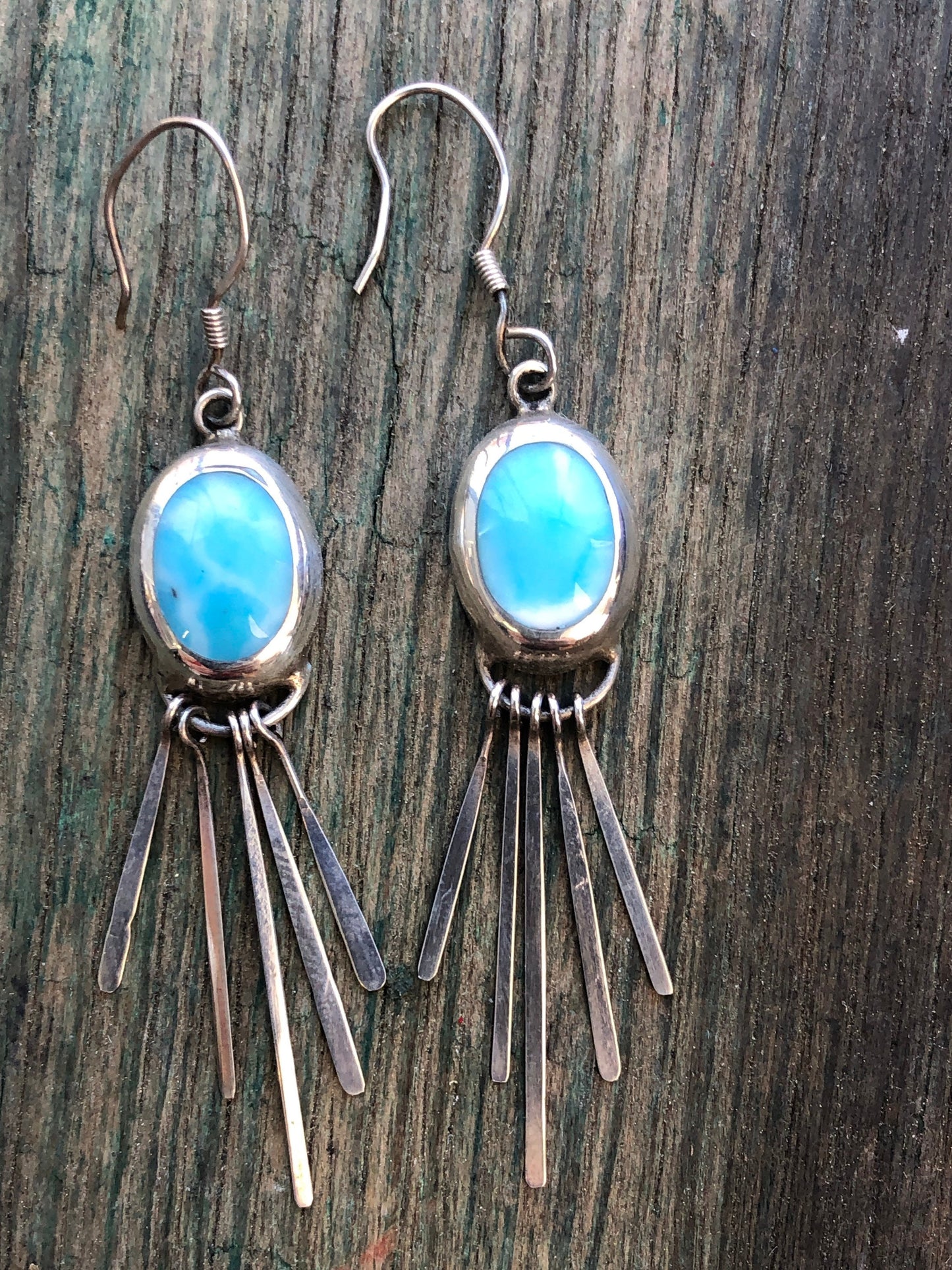 Beautiful Vintage Dominican Sky Blue Larimar Gemstone Cabochon Bezel Set Sterling Silver Modernist Dangle Hook  Earrings
