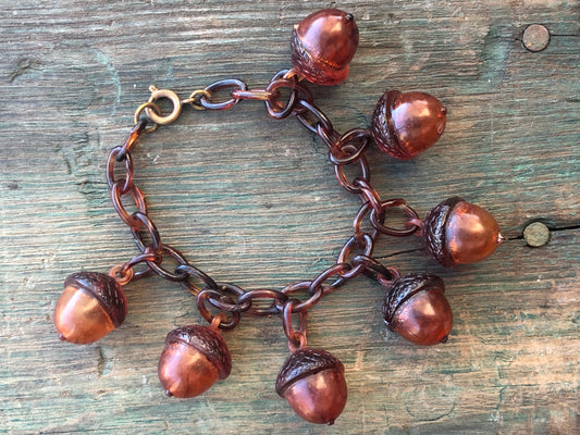 Antique Early Celluloid Plastic Hollow Tortoise Shell Acorn Charms on Plastic Link Bracelet
