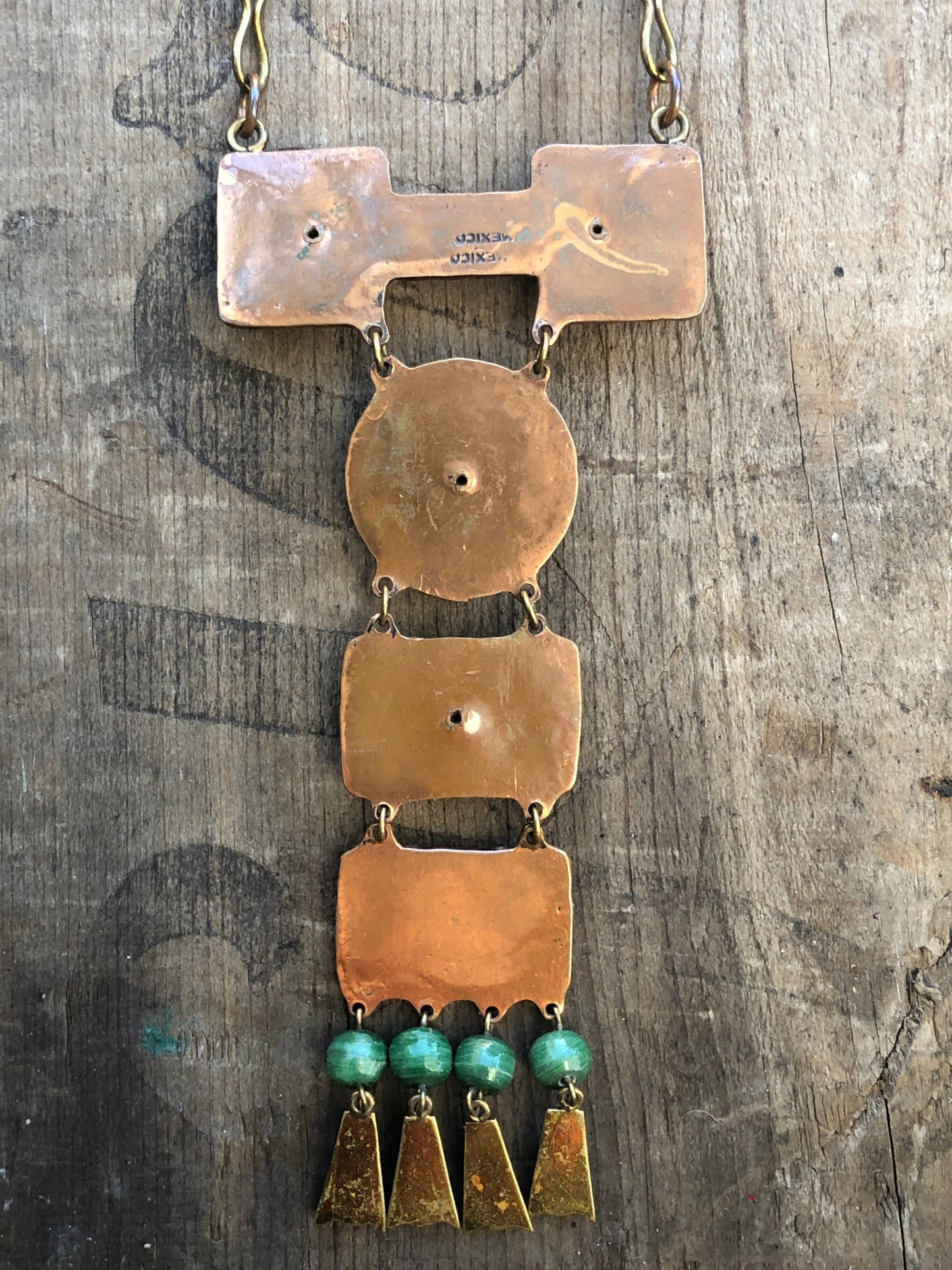 Vintage Mexican Mixed Metal Copper & Brass with Green Jade Agate Gemstone Necklace