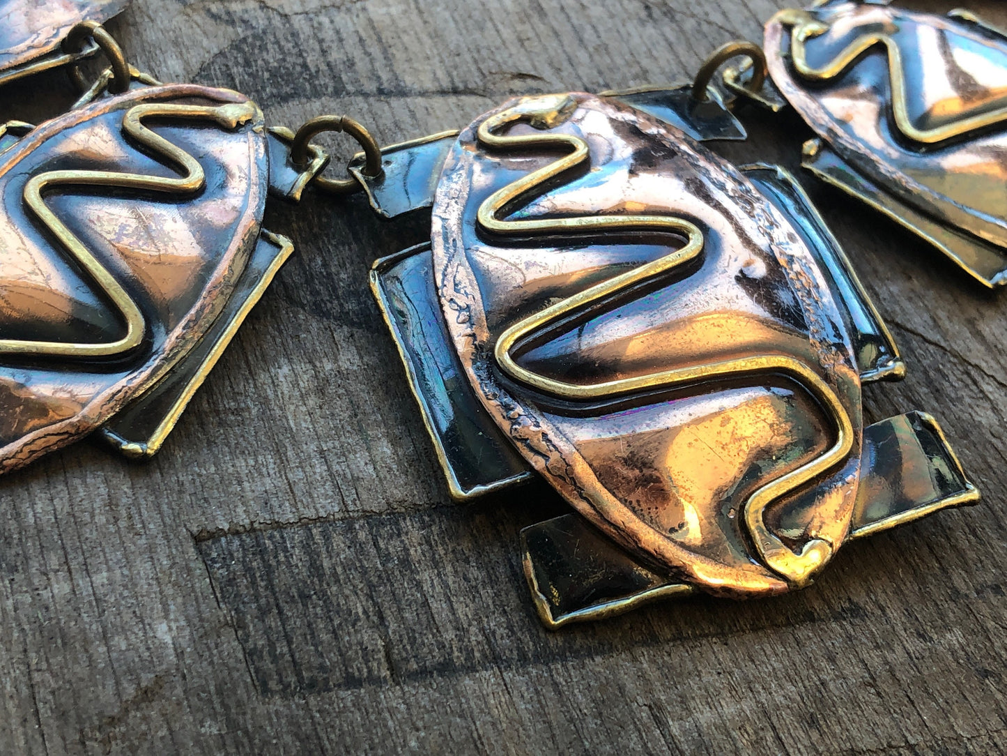 Vintage Mixed Metal Barbaric Arts & Crafts Copper, Brass and Silver Snake Necklace