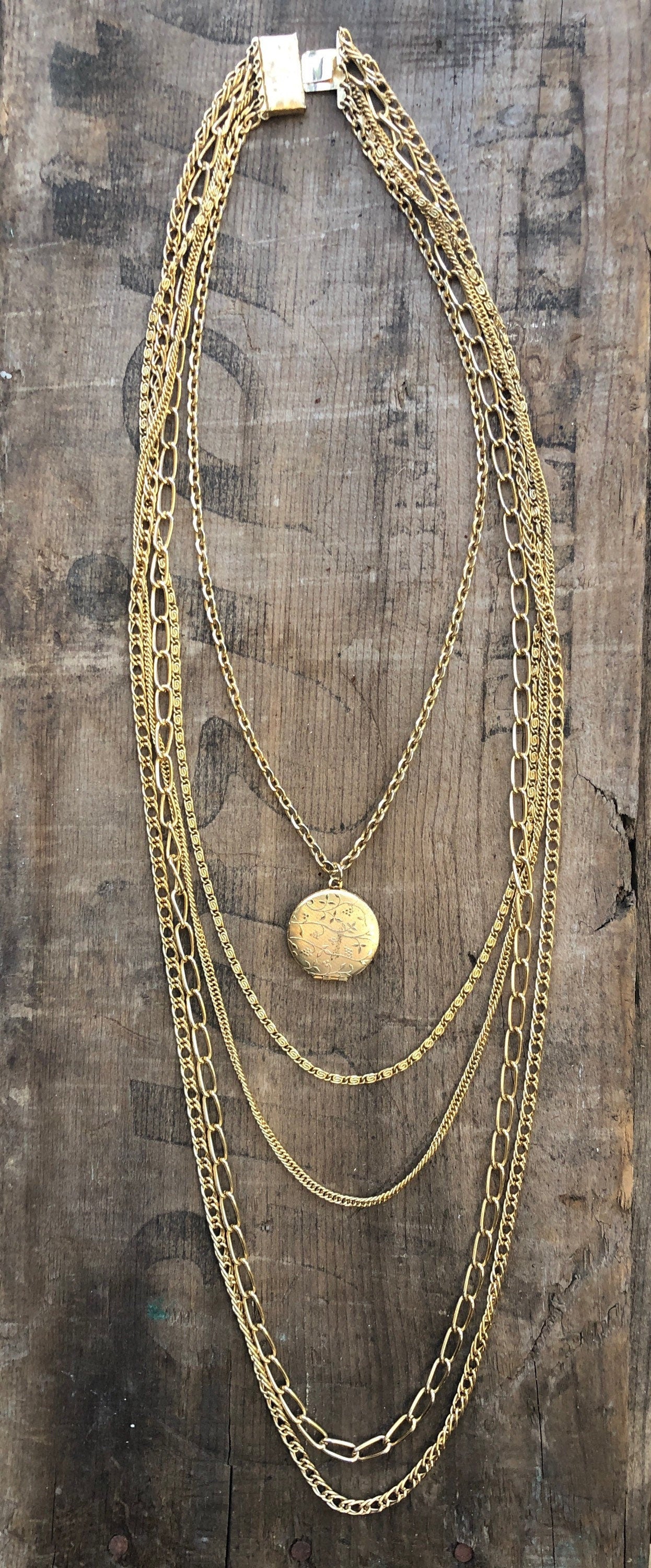 Vintage Gold Multi Strand Dragonfly Embossed Locket Bib Necklace