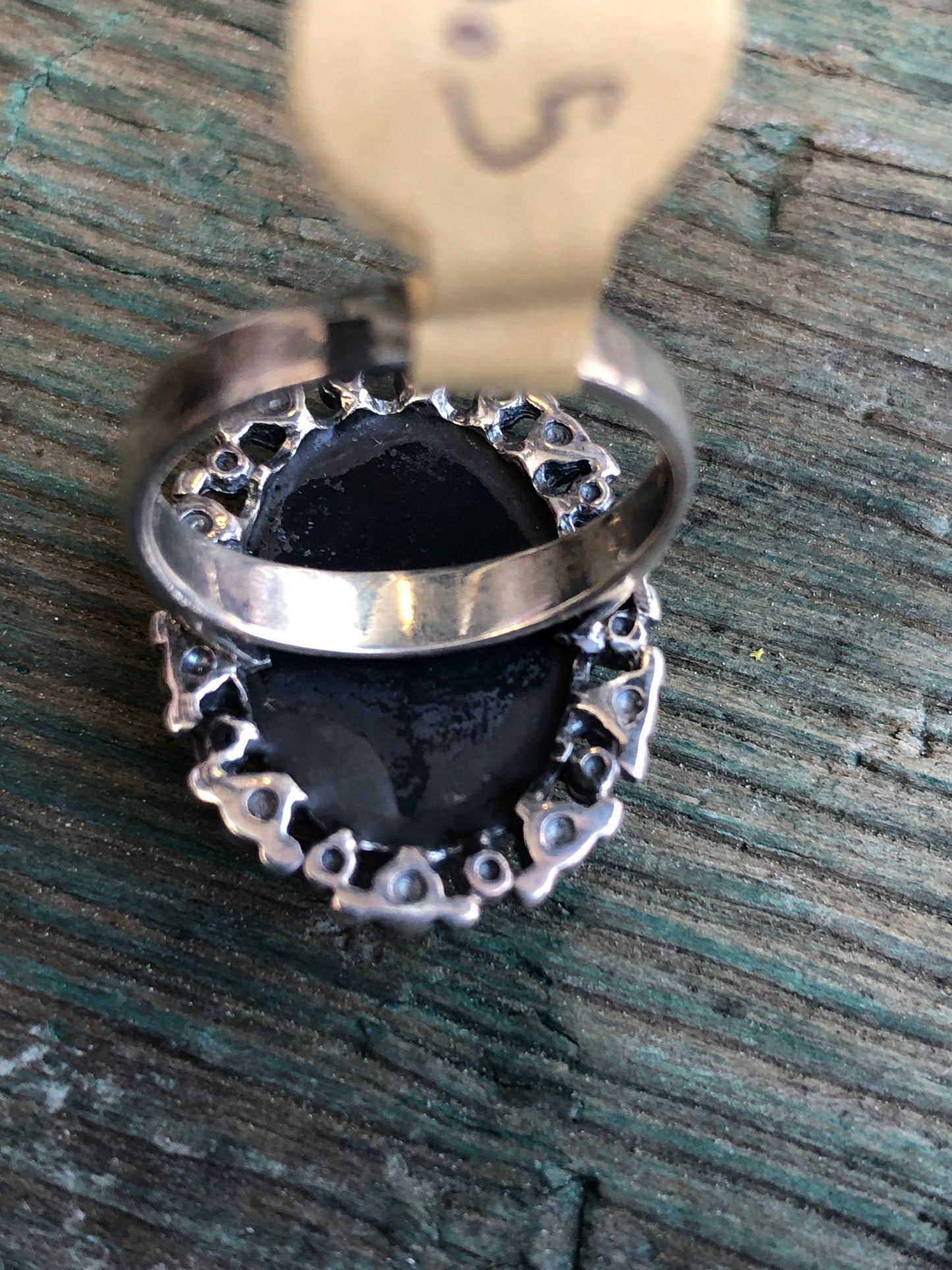 Vintage Mother of Pearl Carved Cameo with Onyx & Marcasite Sterling Silver Ring