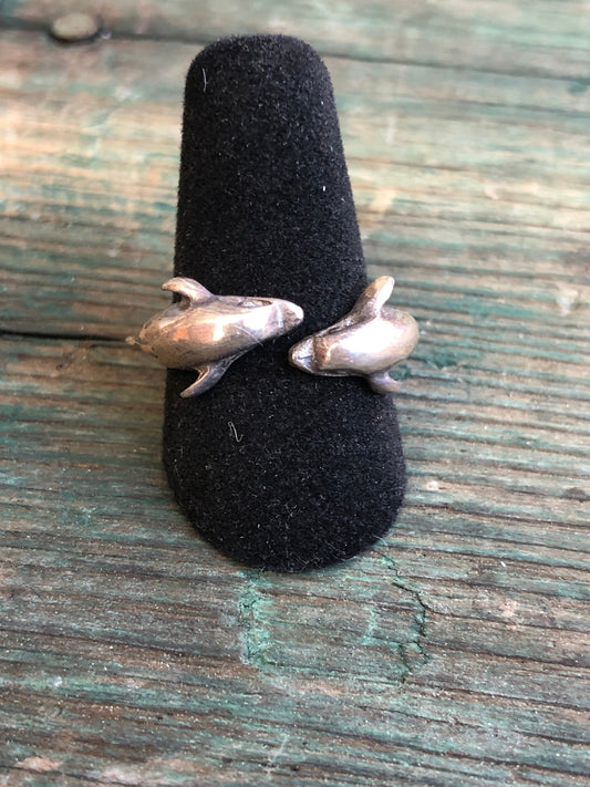 Vintage Sterling Silver Double Dolphin Open Bypass Ring