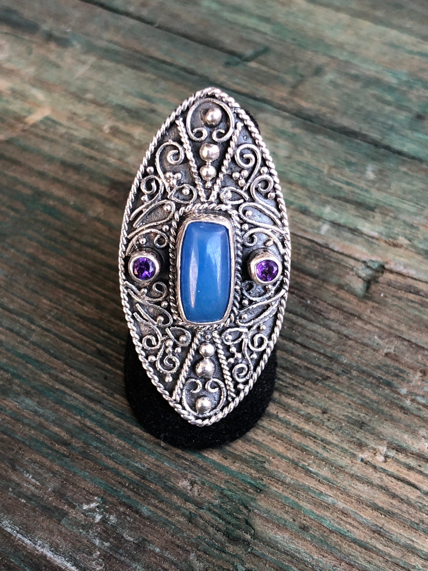 Vintage Blue Jadeite & Amethyst Long Ornate Moroccan Sterling Silver Ring