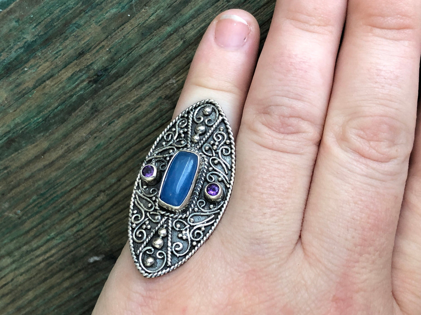 Vintage Blue Jadeite & Amethyst Long Ornate Moroccan Sterling Silver Ring