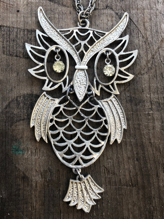 Vintage Silver Crystal Eye Owl Pendant Necklace