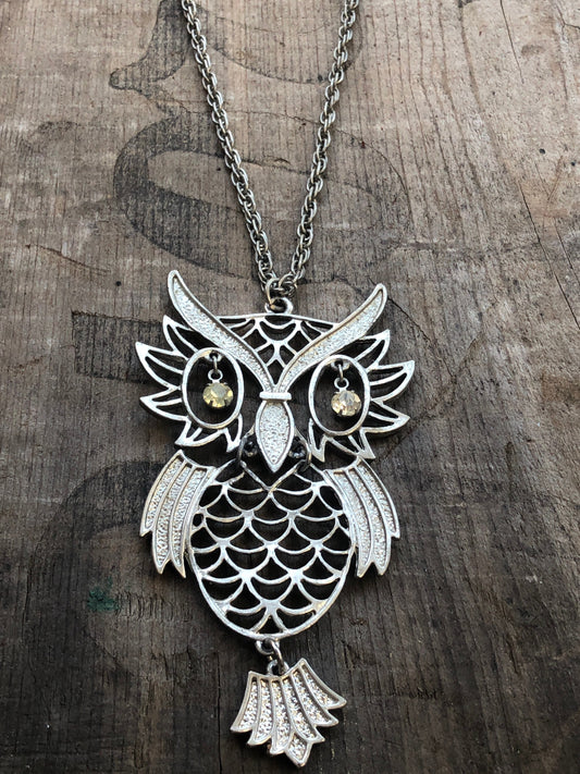 Vintage Silver Crystal Eye Owl Pendant Necklace