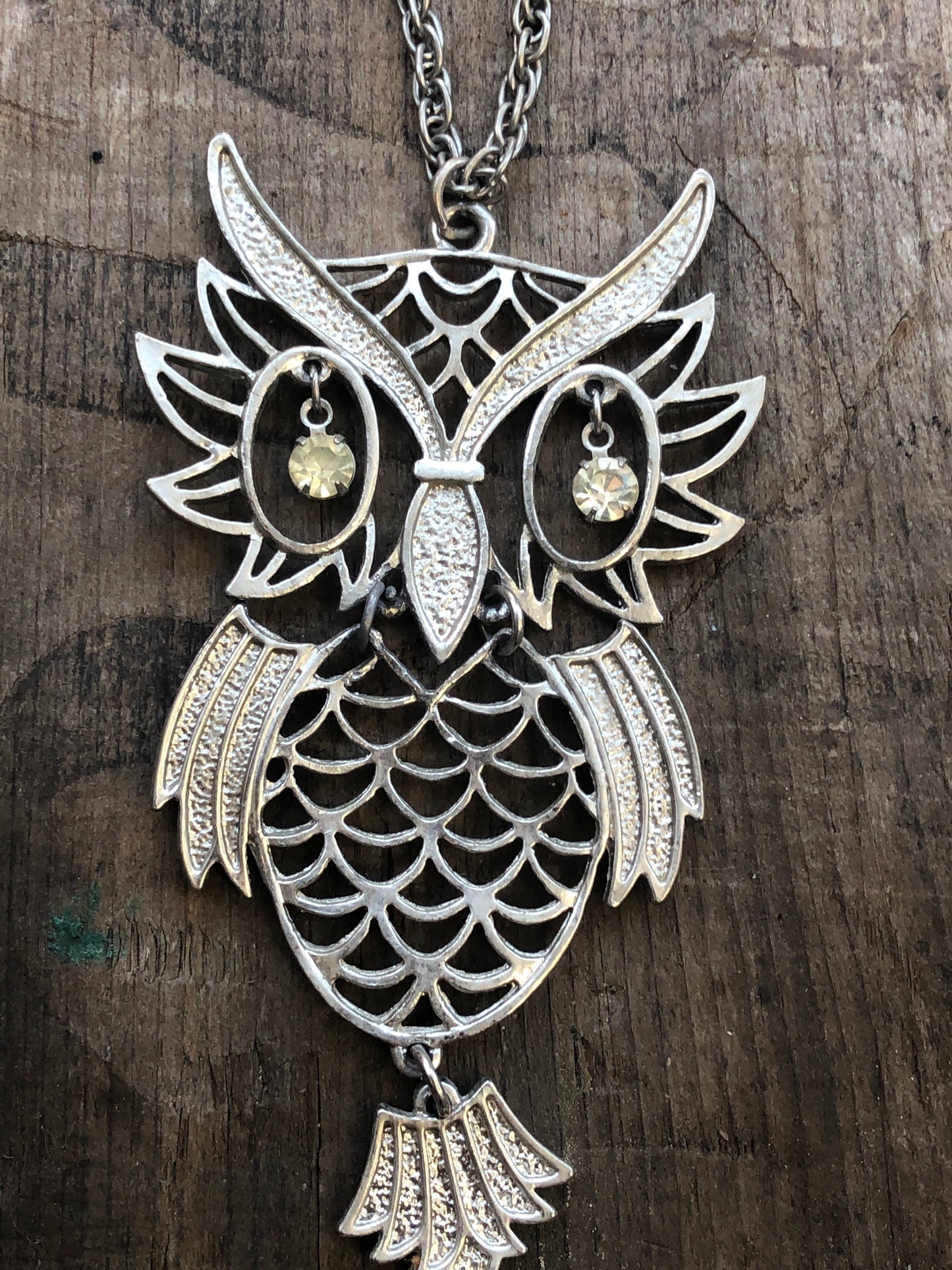 Vintage Silver Crystal Eye Owl Pendant Necklace