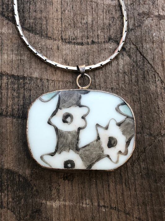 Vintage Silver & White Porcelain Hand Painted Black and Grey Flower Pendant Necklace