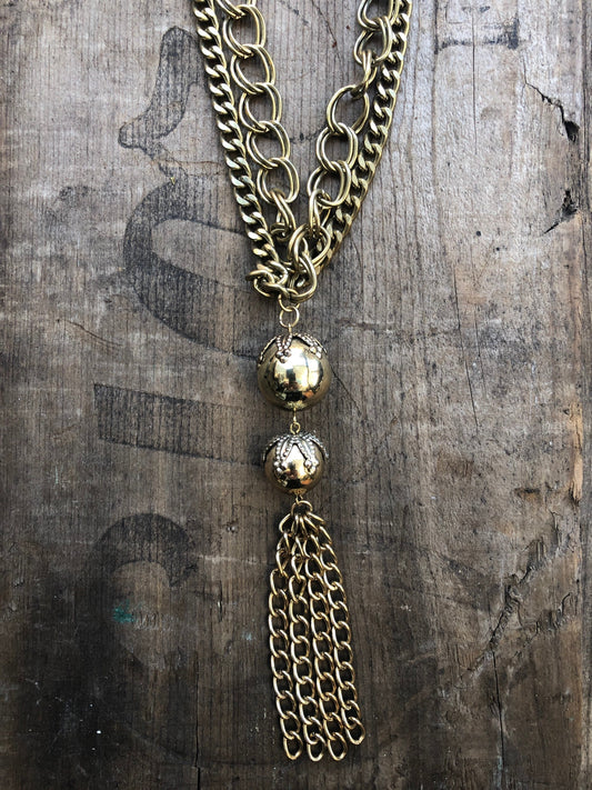 Vintage 1960 Gold Brass Multi Chain & Ball Tassel Necklace