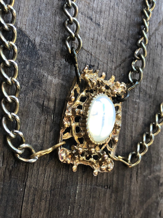 Vintage Gold Multi Chain & Glass Moonstone Bib Necklace