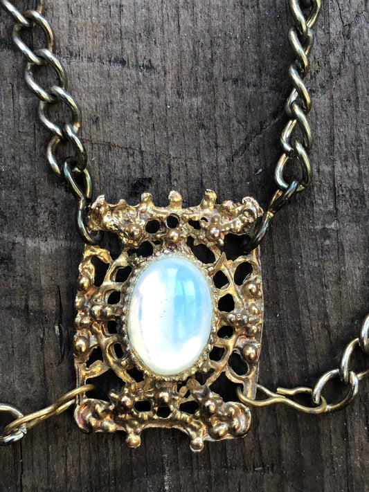 Vintage Gold Multi Chain & Glass Moonstone Bib Necklace