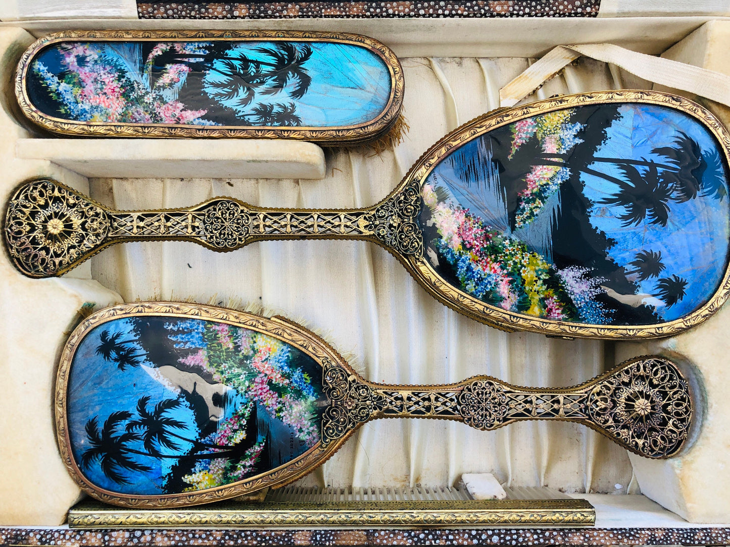 Antique English Blue Morpho Butterfly Wing Gold Filigree Vanity Set in Box: Mirror, Brush x 2 & Comb