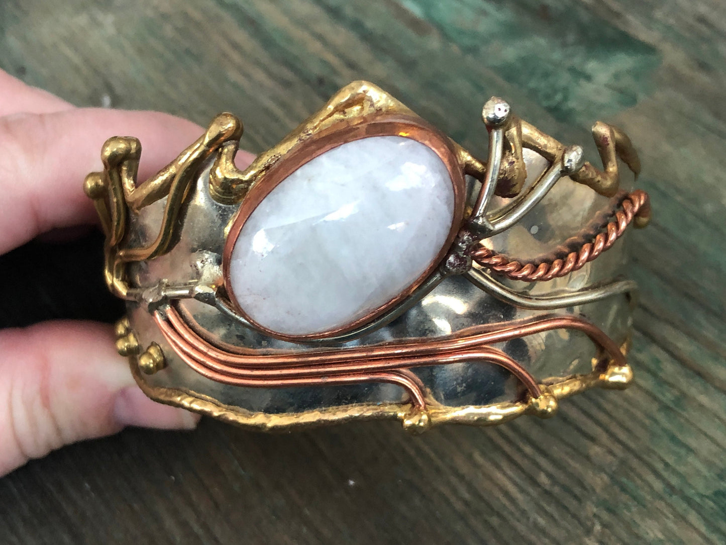 Rainbow Moonstone Cabochon Mixed Metal, Chunky, Barbaric, Arts & Crafts Silver, Copper and Brass Cuff Bracelet
