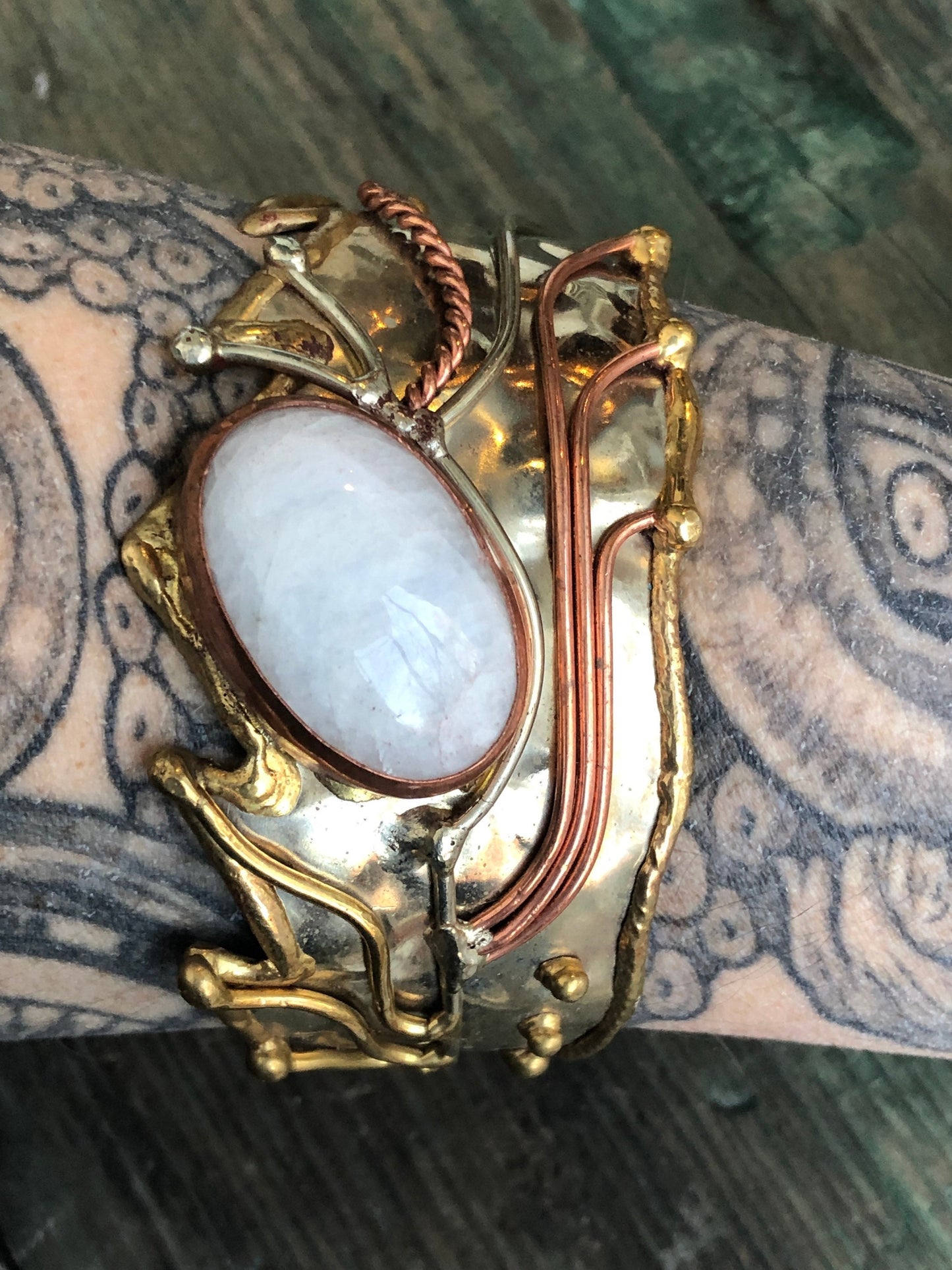 Rainbow Moonstone Cabochon Mixed Metal, Chunky, Barbaric, Arts & Crafts Silver, Copper and Brass Cuff Bracelet