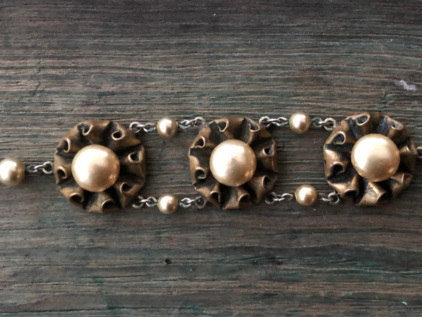 Antique Art Nouveau Brass Leaf & Pearl Flower Link Bracelet