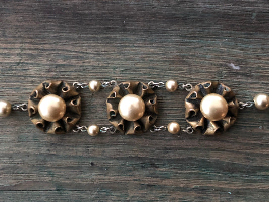 Antique Art Nouveau Brass Leaf & Pearl Flower Link Bracelet