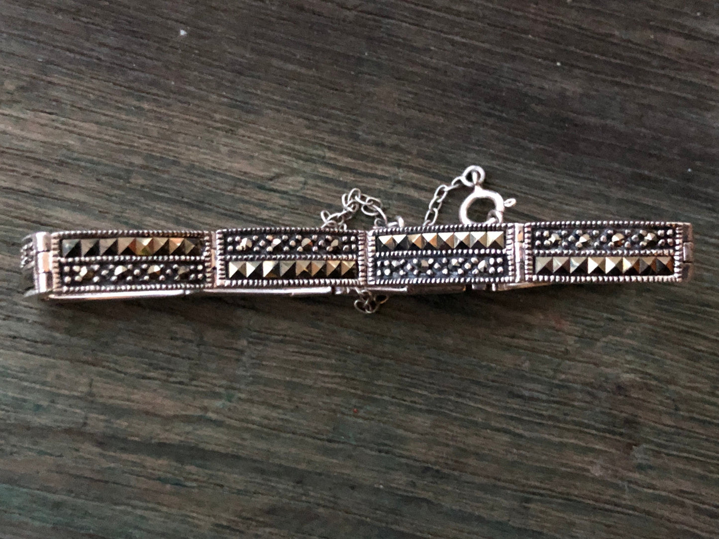 Vintage Sterling Silver & Square and Round Marcasite Link Bracelet