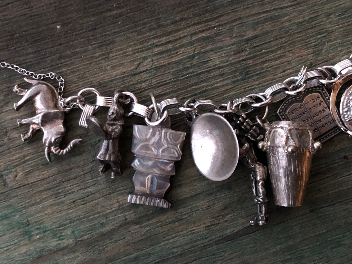 Vintage Sterling Silver Charm Bracelet with Dolphin, Scottie Dog, Rhodochrosite, Ankh, Religious Medallion, Drum, Elephant & More