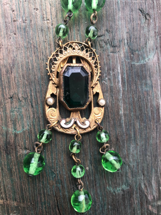 Antique Czech Brass, Emerald Green Crystal & Enamel Lavaliere Necklace
