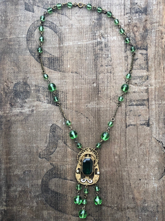 Antique Czech Brass, Emerald Green Crystal & Enamel Lavaliere Necklace