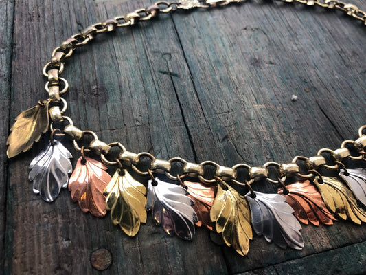 Vintage Mixed Tri Metal Embossed Leaf Charm Necklace : Copper, Brass & Silver