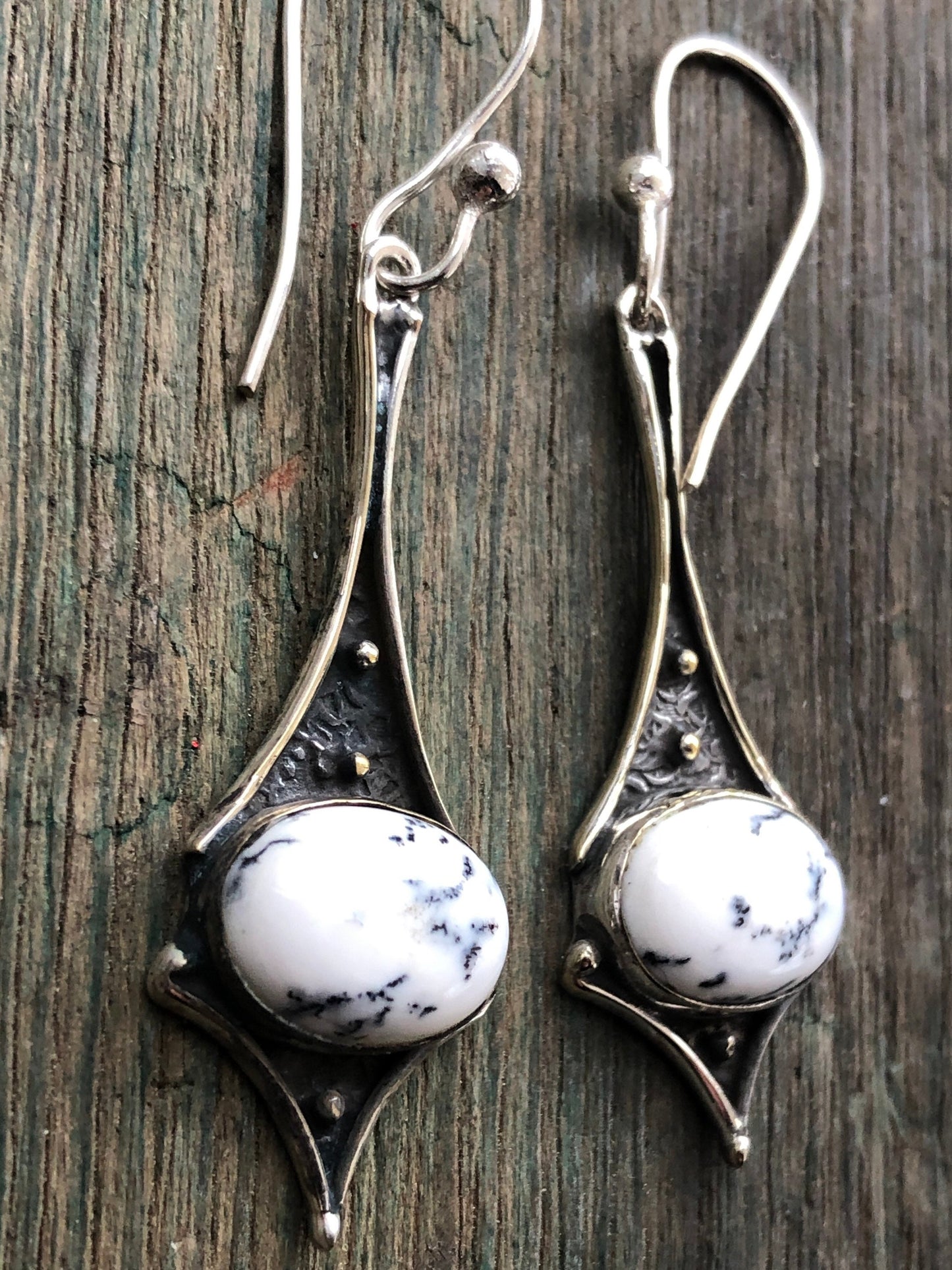 Winter Dendrite Opal Cabochon in Sterling Silver Geometric Dangle Hook Earrings