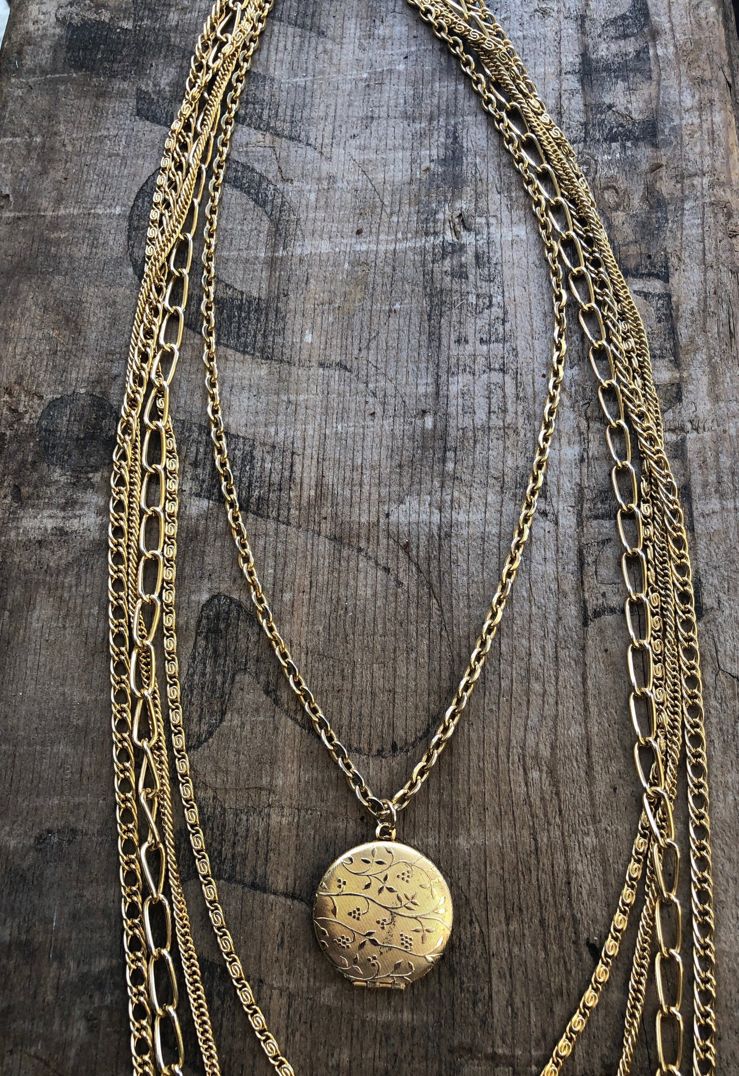 Vintage Gold Multi Strand Dragonfly Embossed Locket Bib Necklace
