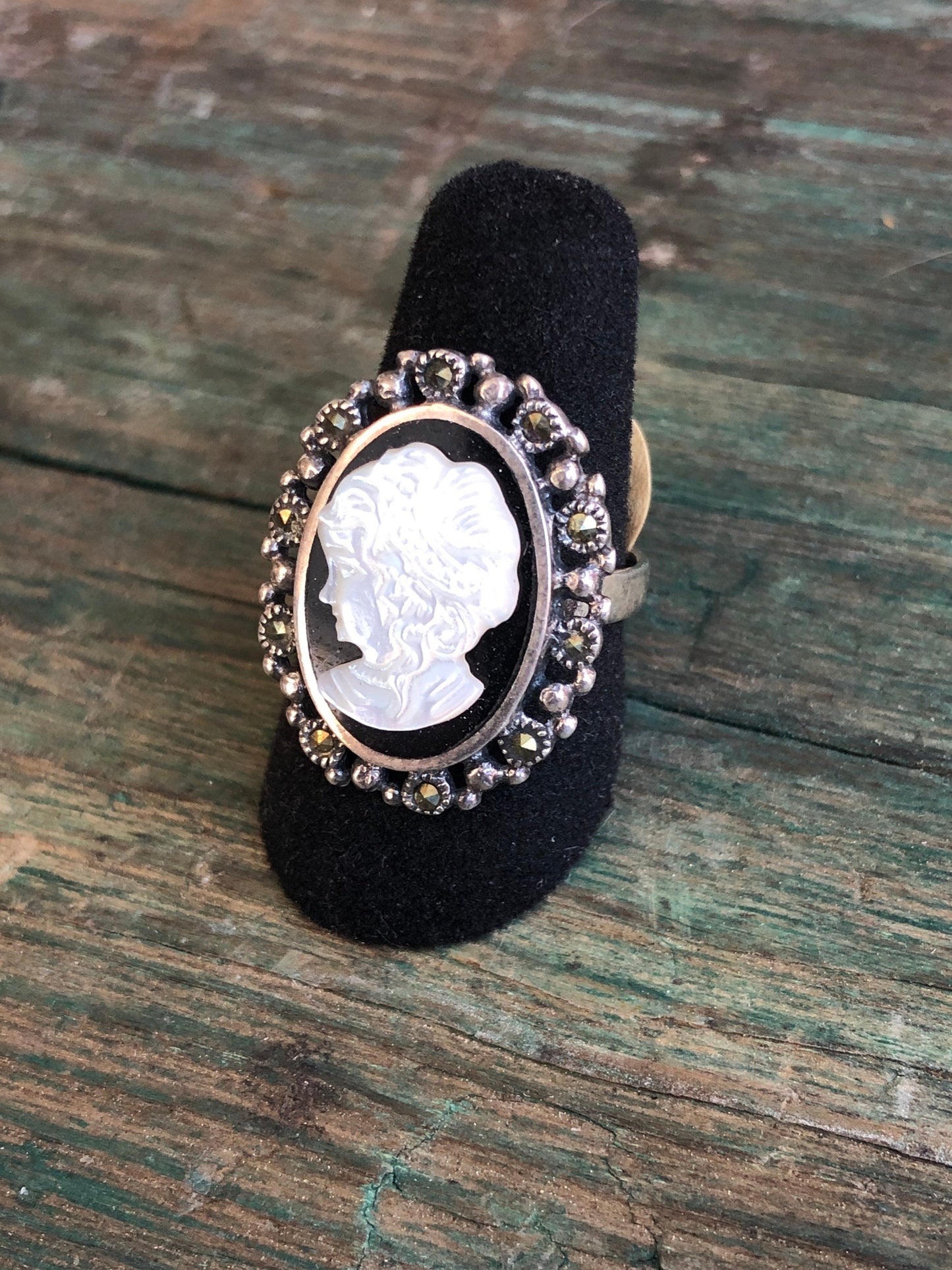 Vintage Mother of Pearl Carved Cameo with Onyx & Marcasite Sterling Silver Ring
