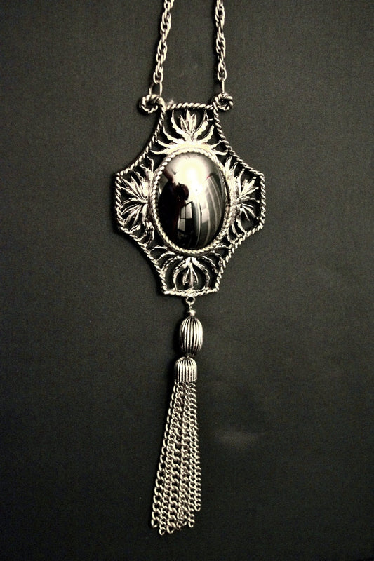 Vintage Chunky Unique Hematite & Silver Tassel Art Deco Pendant Long Lavaliere Necklace