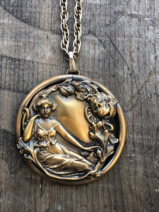 Vintage 1960 Art Nouveau Revival Gold Brass Woman & Flower Circle Pendant Necklace