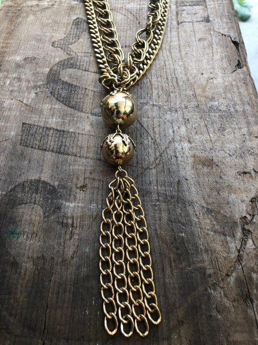 Vintage 1960 Gold Brass Multi Chain & Ball Tassel Necklace