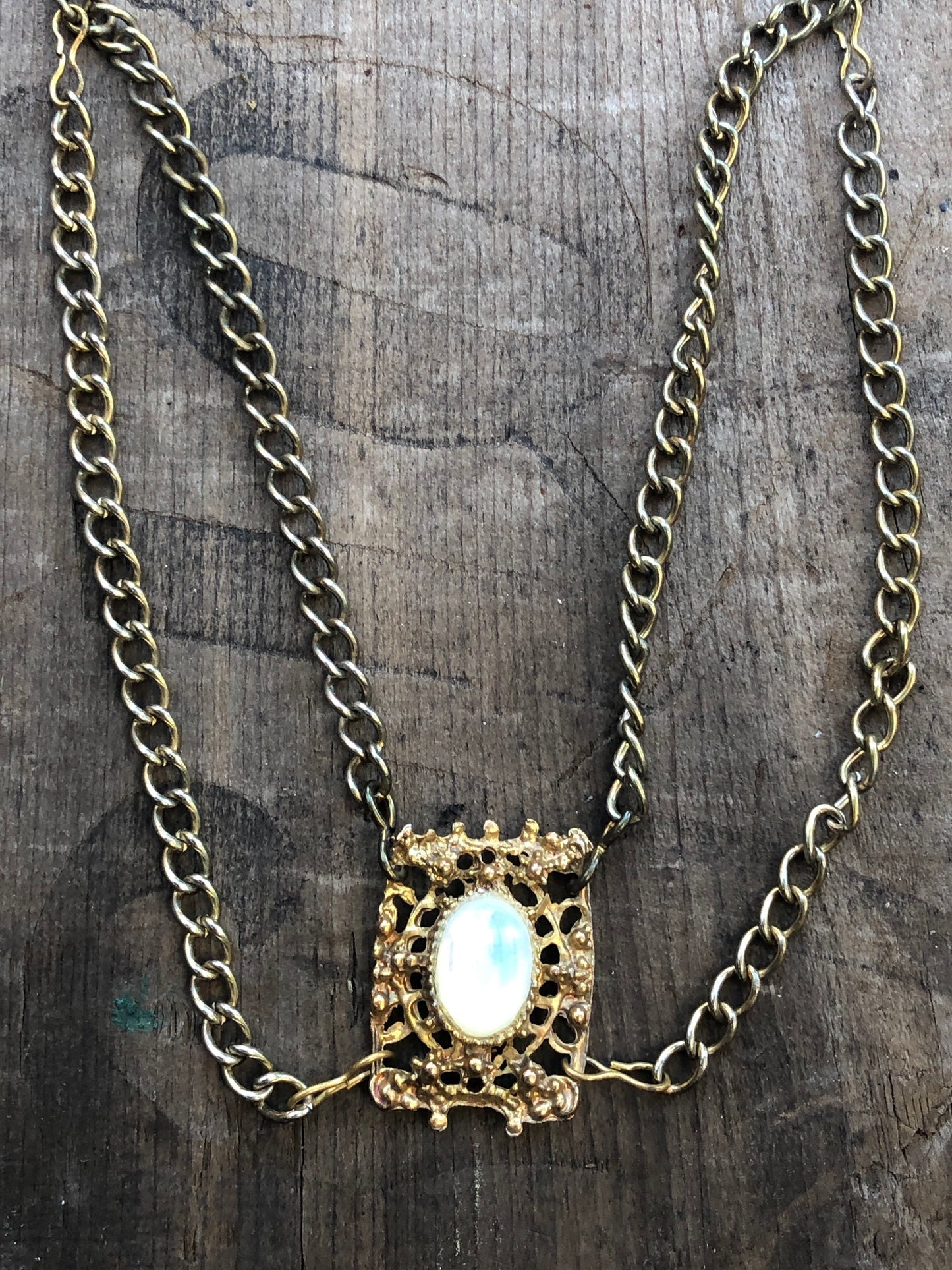 Vintage Gold Multi Chain & Glass Moonstone Bib Necklace