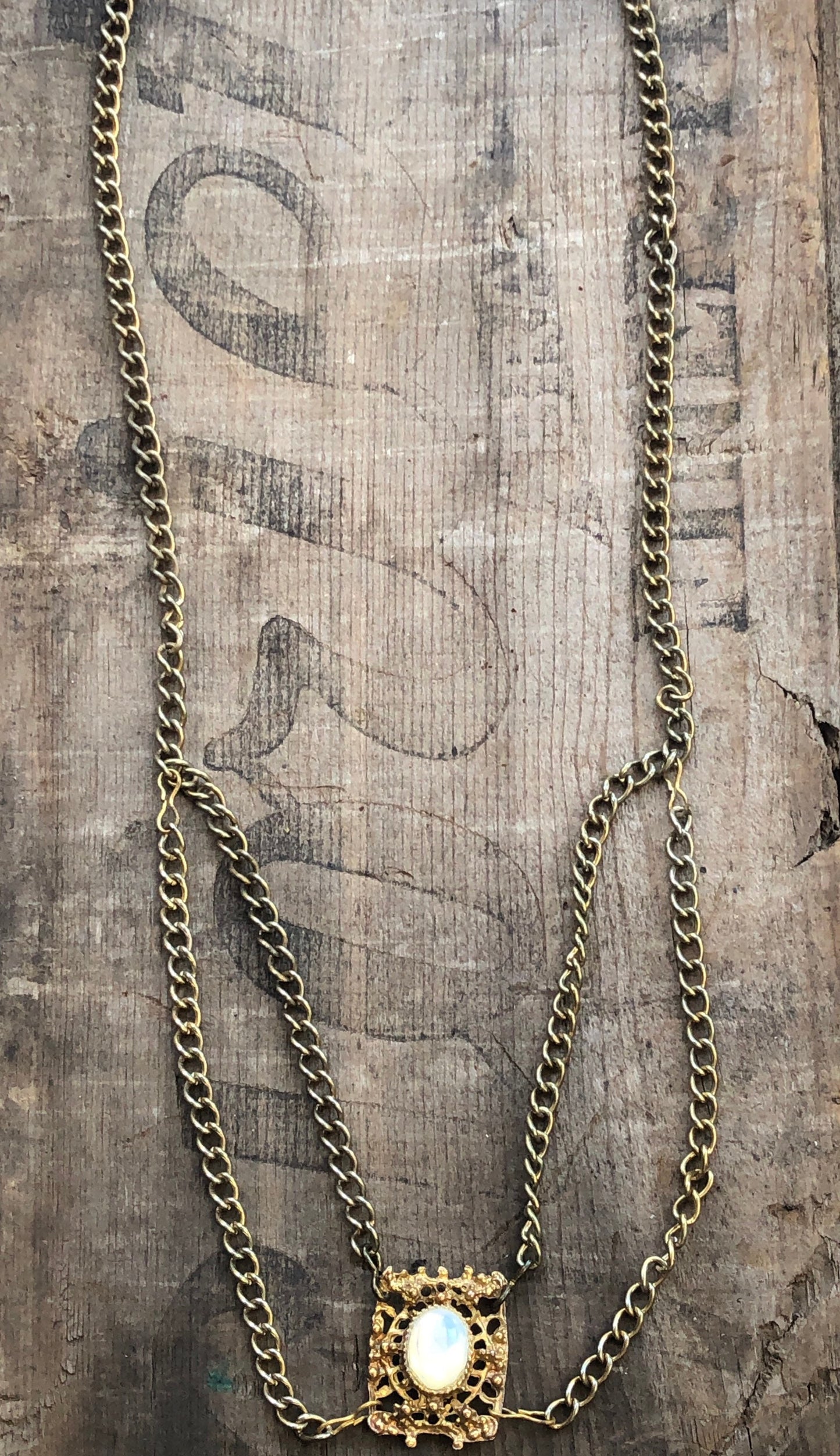 Vintage Gold Multi Chain & Glass Moonstone Bib Necklace