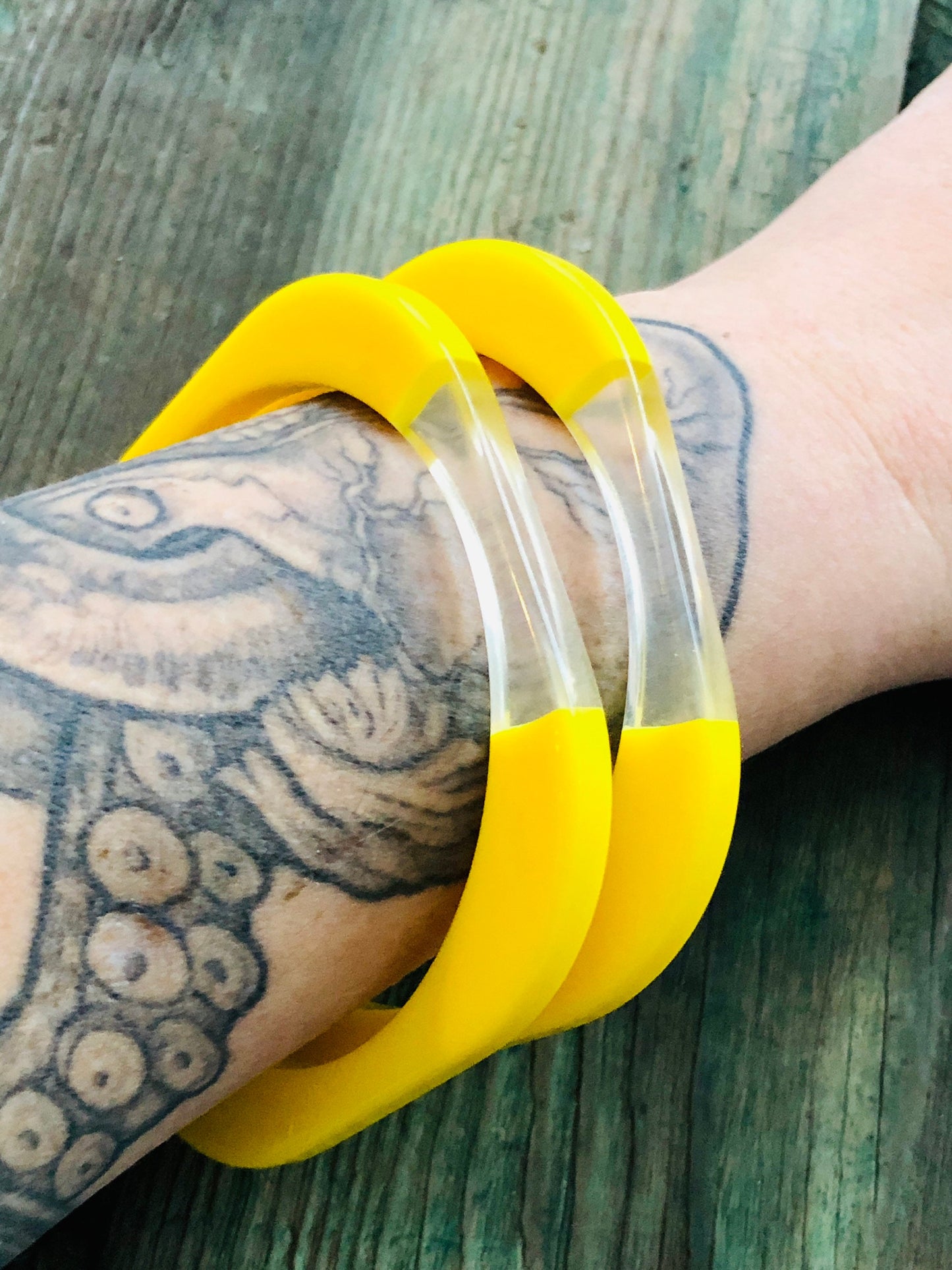 Vintage Bright Yellow & Clear Lucite Geometric Plastic Bangles Set