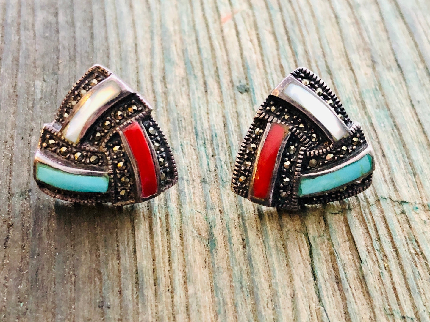 Art Deco Sterling Silver , Marcasite , Turquoise , Red Coral & Mother of Pearl Geometric Triangle Stud Earrings