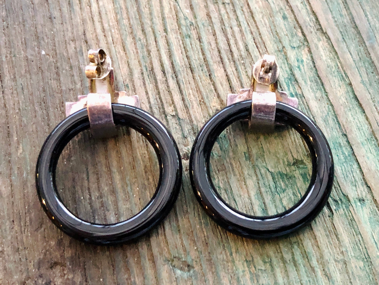 Art Deco Sterling Silver & Marcasite Mother of Pearl and Onyx Geometric Circle Hoop Dangle Post Earrings