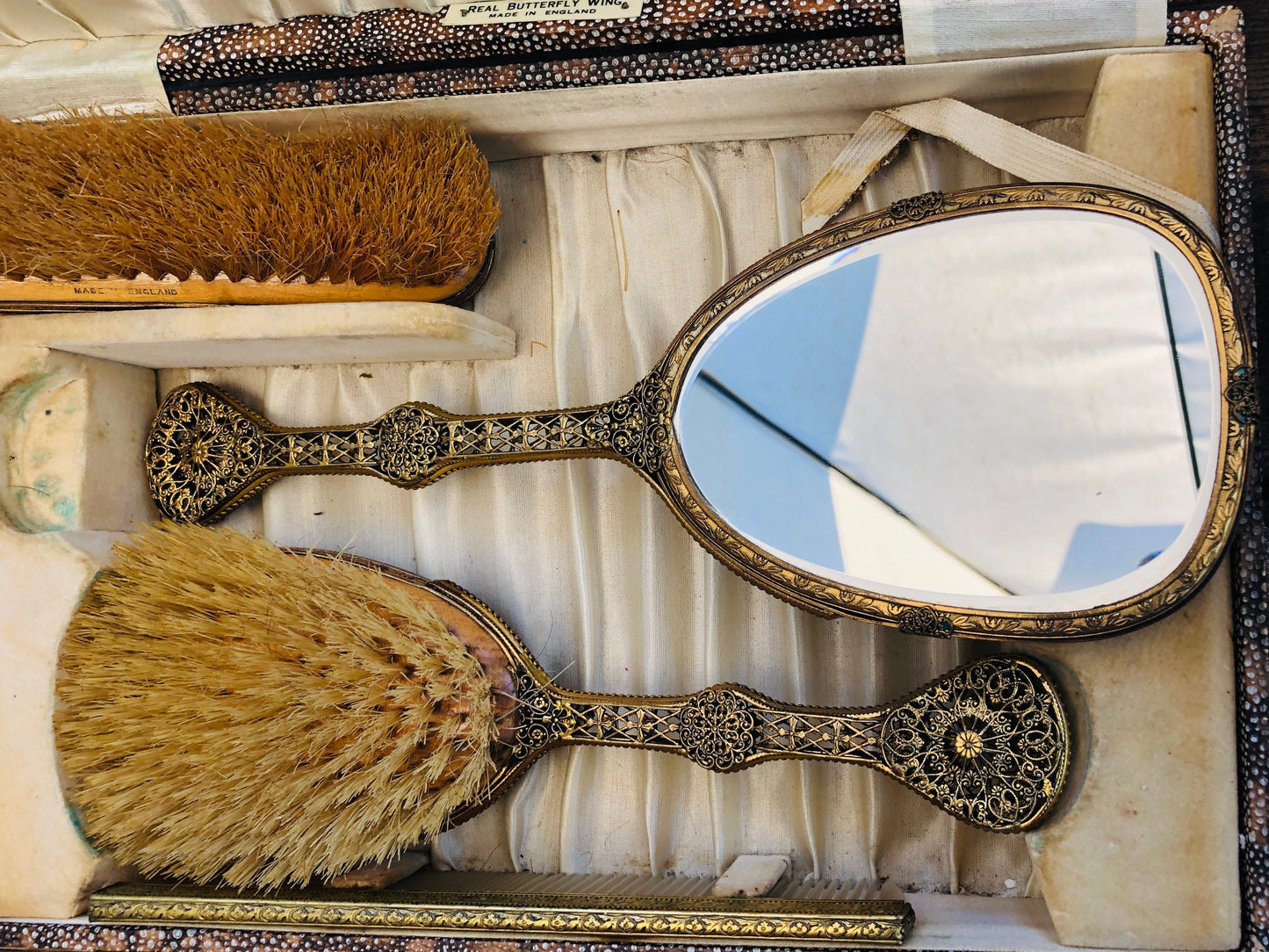 Antique English Blue Morpho Butterfly Wing Gold Filigree Vanity Set in Box: Mirror, Brush x 2 & Comb