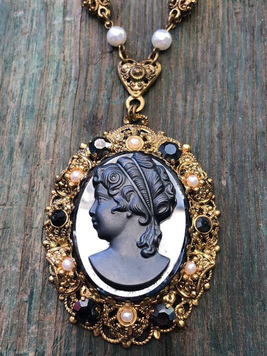 Vintage Black Mourning Cameo West German Brass Gold Filigree Necklace with Black Crystals & Pearls