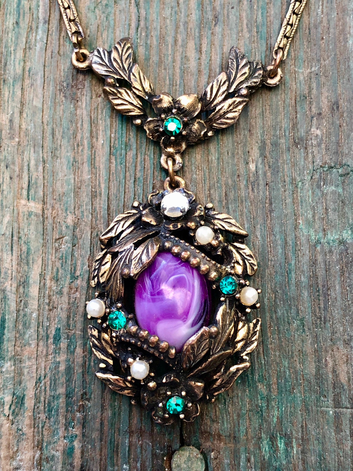 Art Nouveau Purple Marbled Czech Art Glass in Brass Flower & Leaf Setting with Green Crystal Rhinestones and Pearls
