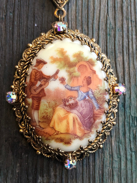 Antique Courting Couple Limoge Porcelain Portrait West German Brass Filigree Necklace with Aurora Borealis Crystal