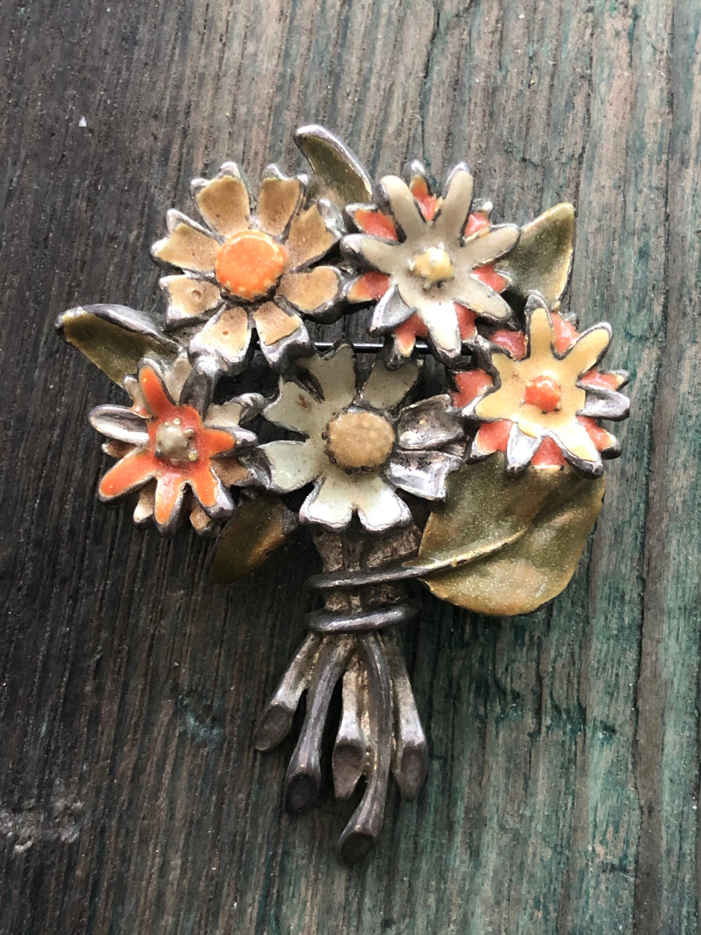 Vintage 1930's Enameled Pot Metal Flower Bunch Brooch