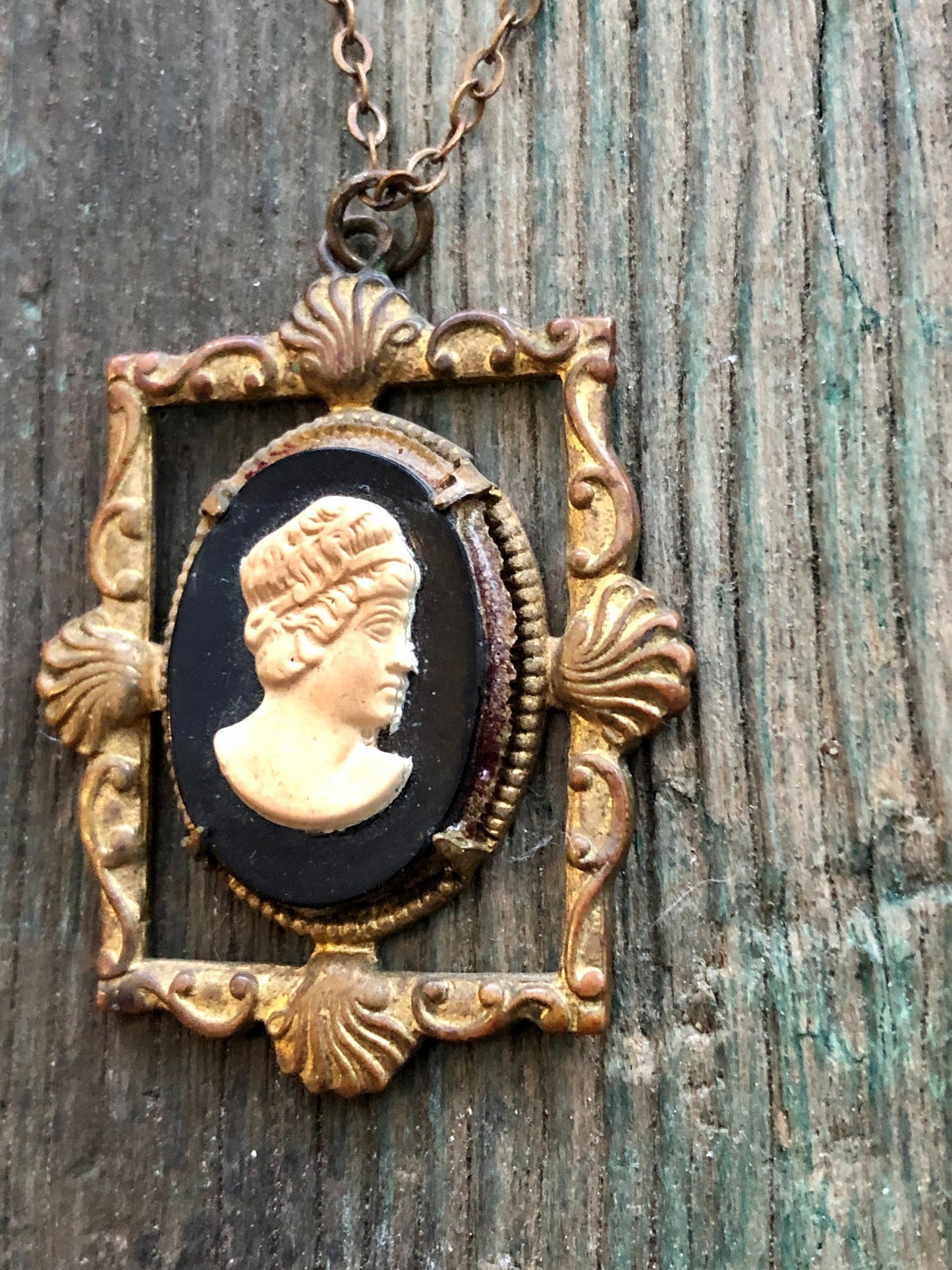 Antique Art Nouveau Cameo in Brass Frame Black and Cream Molded Celluloid Prong Set Cameo Necklace